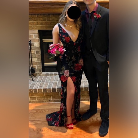 Sherri Hill Dresses & Skirts - Sherri Hill Black Gown with Red and Pink Floral Sequin Embroidery